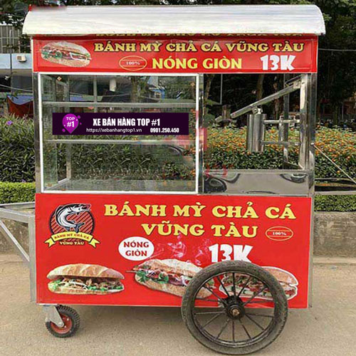 Xe bán bánh mì chả cá 1m5 decal đỏ