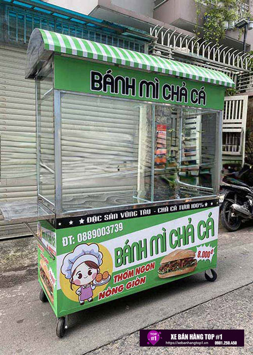 Xe bán bánh mì chả cá 1m6 decal xanh