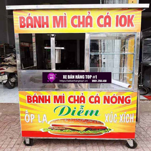 Xe bán bánh mì chả cá 1m4 khung inox